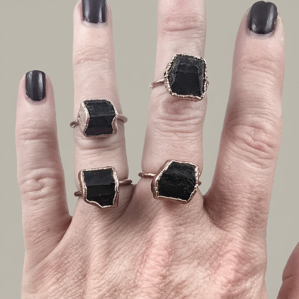 Raw Black Tourmaline Statement Ring, Rough Black Tourmaline, Large Black Tourmaline Ring, Electroformed Black Tourmaline Copper