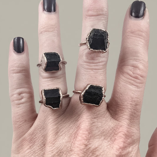 Raw Black Tourmaline Statement Ring, Rough Black Tourmaline, Large Black Tourmaline Ring, Electroformed Black Tourmaline Copper
