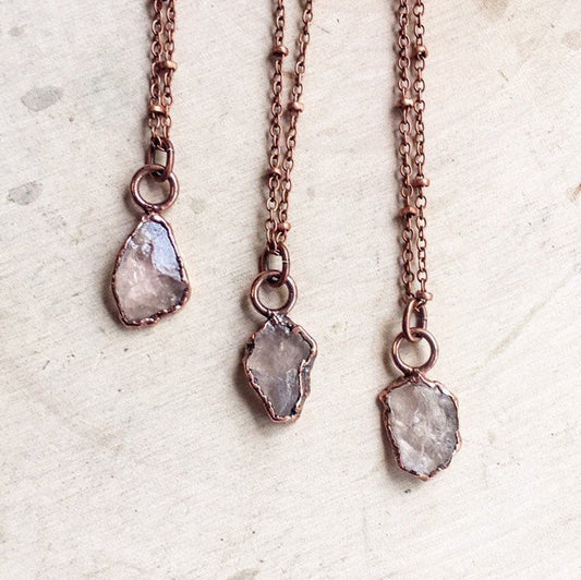 Dainty Raw Rose Quartz Layer Necklace, Raw Crystal Layering Necklace, Electroformed Rose Quartz Rustic Style Pendant, Bohemian Jewelry Blackbird & Sage Jewelry
