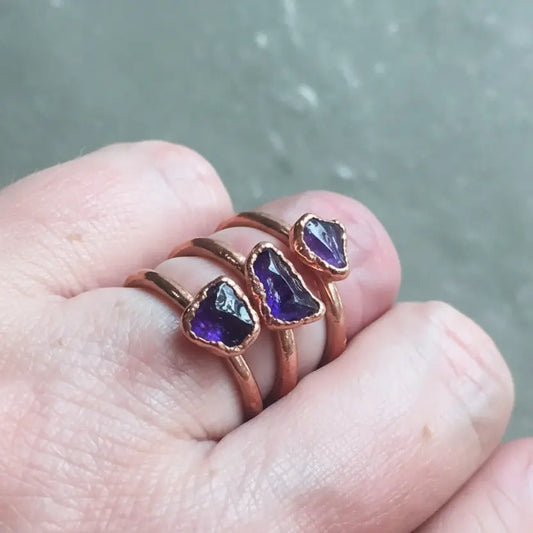 Dainty Amethyst Copper Ring: Electroformed Copper Jewelry, February Birthstone