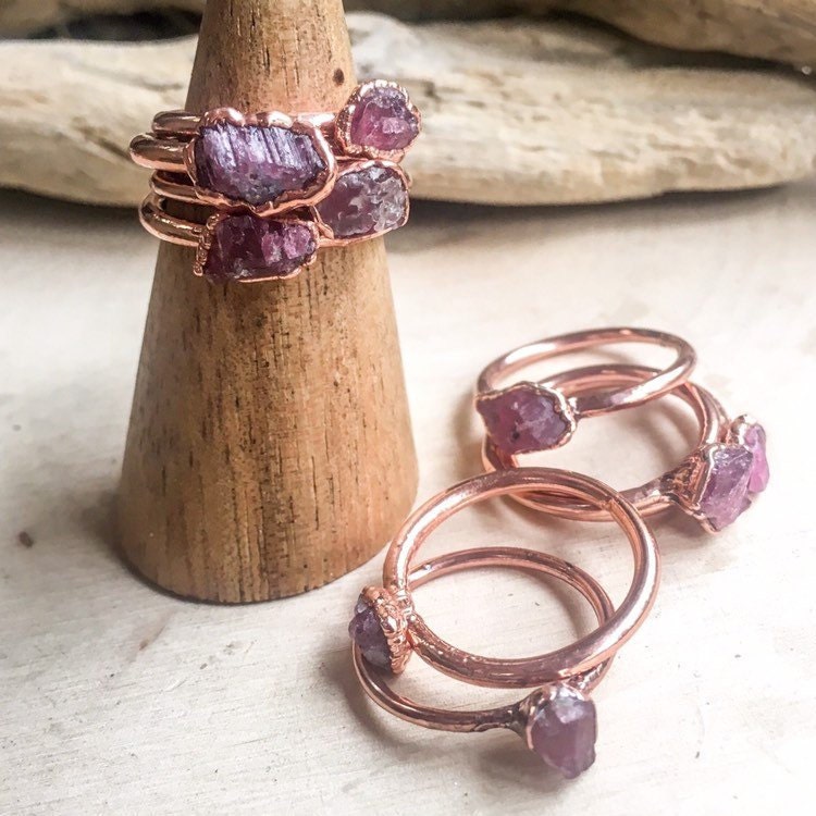 Dainty Raw Pink Tourmaline Copper Ring, Pink Tourmaline Jewelry, Stacking Ring, Electroformed Ring, October Birthstone Blackbird & Sage Jewelry