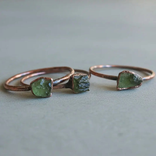 Raw Moldavite Copper Ring, Electroformed Tektite Jewelry