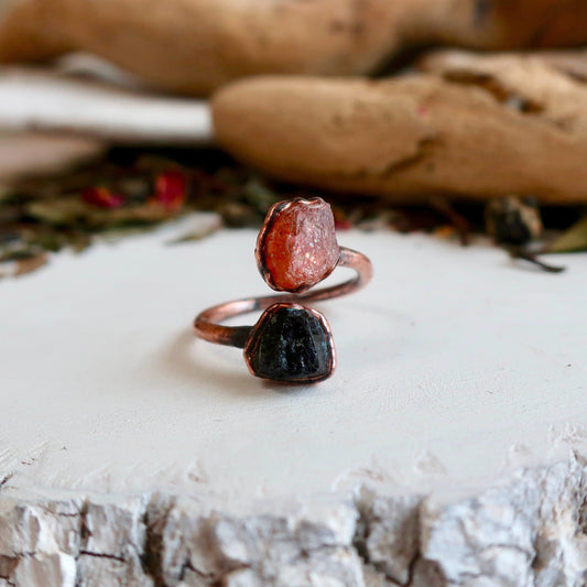 Raw Black Tourmaline and Raw Sunstone Open Copper Ring, Raw Stone Electroformed Open Ring, 2 Stone Jewelry, Valentines Gift Blackbird & Sage Jewelry