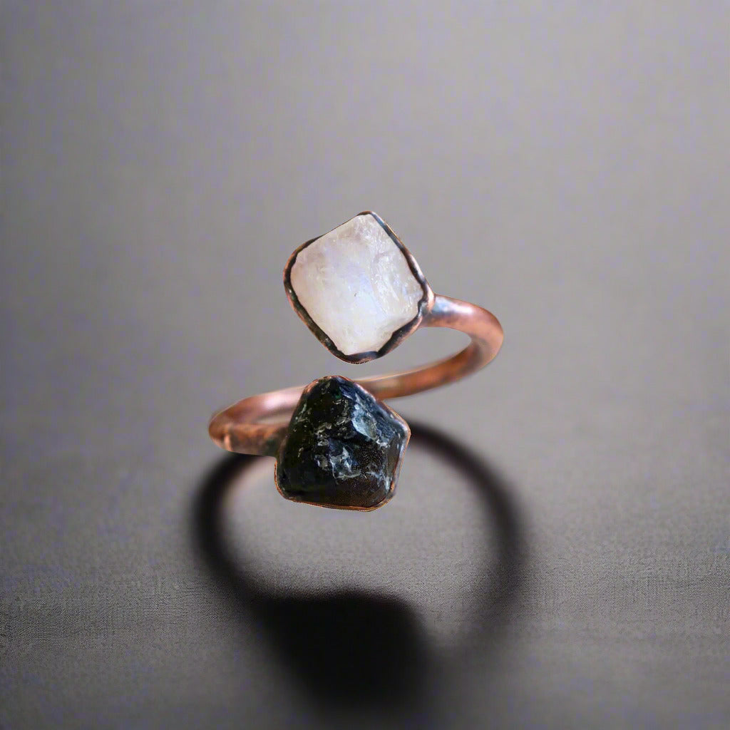 Raw Black Tourmaline and Raw Moonstone Twist Copper Ring Blackbird & Sage Jewelry