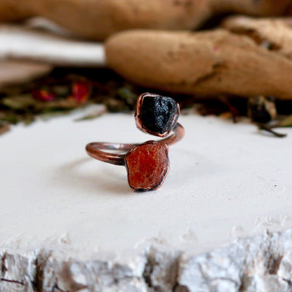 Raw Black Tourmaline and Raw Sunstone Open Copper Ring, Raw Stone Electroformed Open Ring, 2 Stone Jewelry, Valentines Gift Blackbird & Sage Jewelry