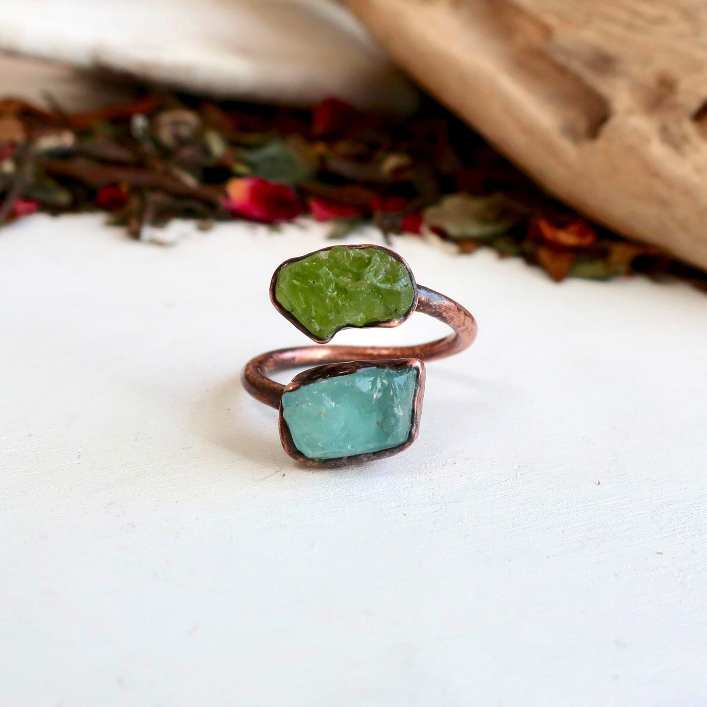 Raw Peridot and Raw Aquamarine Twist Copper Ring Electroformed Peridot Ring Aquamarine Ring Raw Stone Jewelry Birthstone Ring