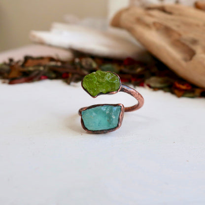 Raw Peridot and Raw Aquamarine Twist Copper Ring Electroformed Peridot Ring Aquamarine Ring Raw Stone Jewelry Birthstone Ring