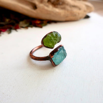 Raw Peridot and Raw Aquamarine Twist Copper Ring Electroformed Peridot Ring Aquamarine Ring Raw Stone Jewelry Birthstone Ring