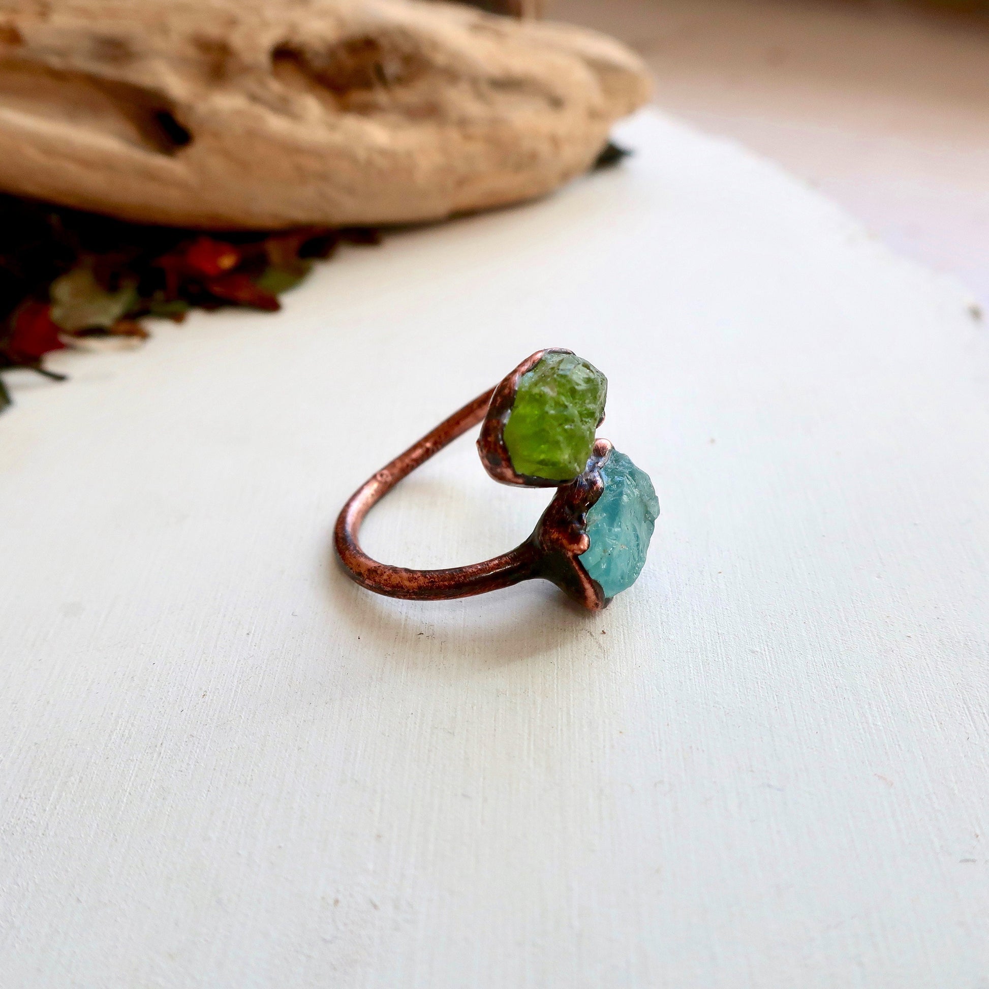 Raw Peridot and Raw Aquamarine Twist Copper Ring Electroformed Peridot Ring Aquamarine Ring Raw Stone Jewelry Birthstone Ring