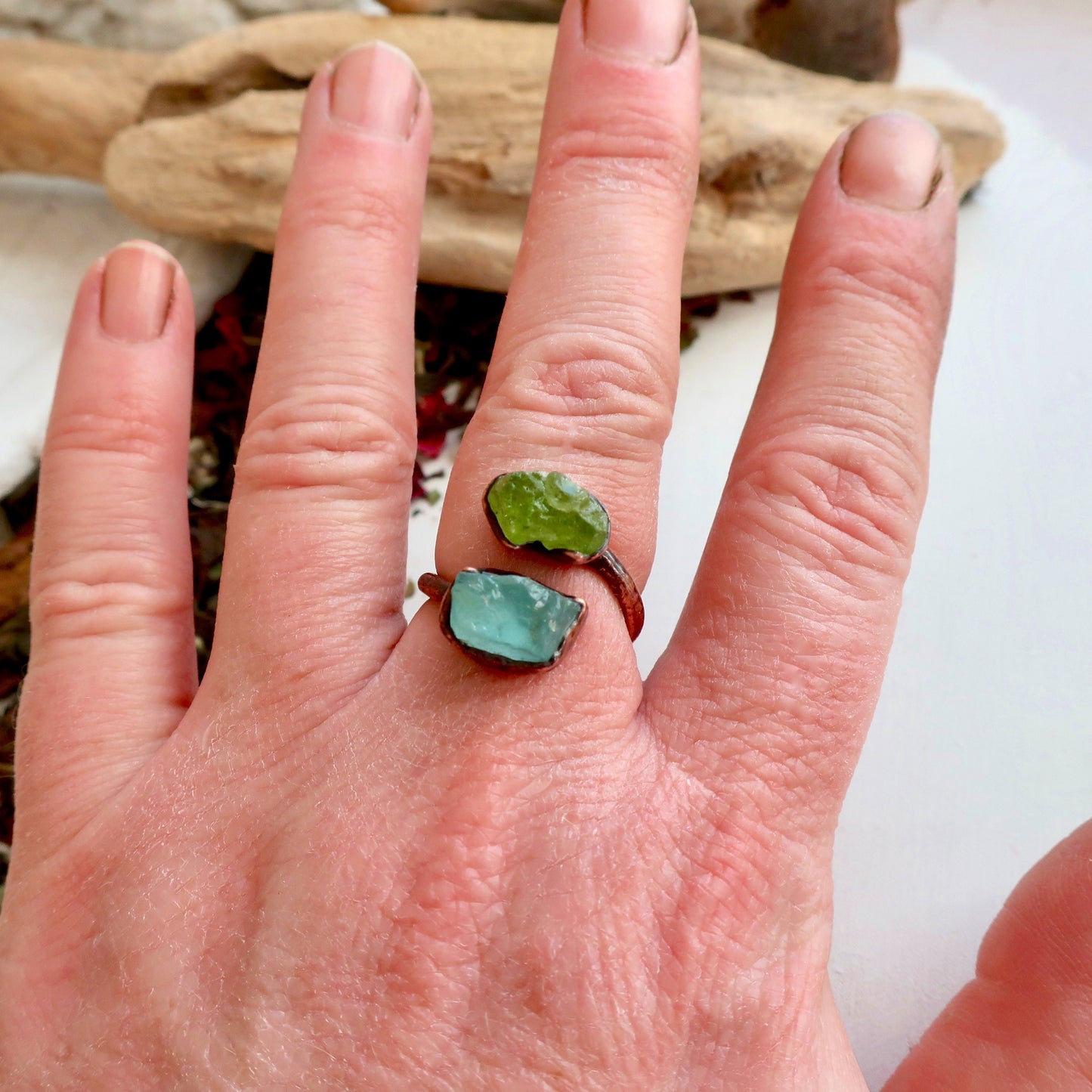 Raw Peridot and Raw Aquamarine Twist Copper Ring Electroformed Peridot Ring Aquamarine Ring Raw Stone Jewelry Birthstone Ring