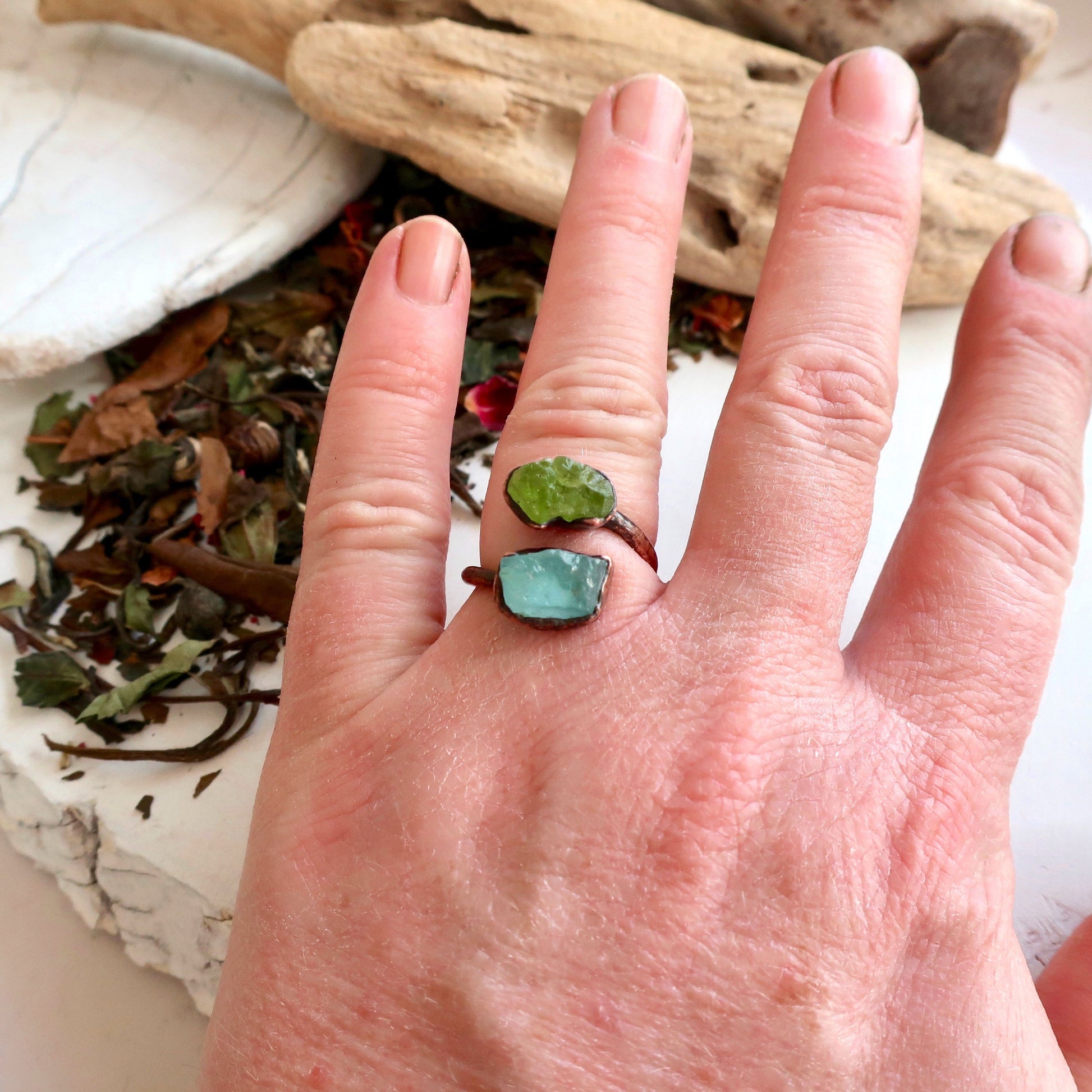 Raw Peridot and Raw Aquamarine Twist Copper Ring Electroformed Peridot Ring Aquamarine Ring Raw Stone Jewelry Birthstone Ring