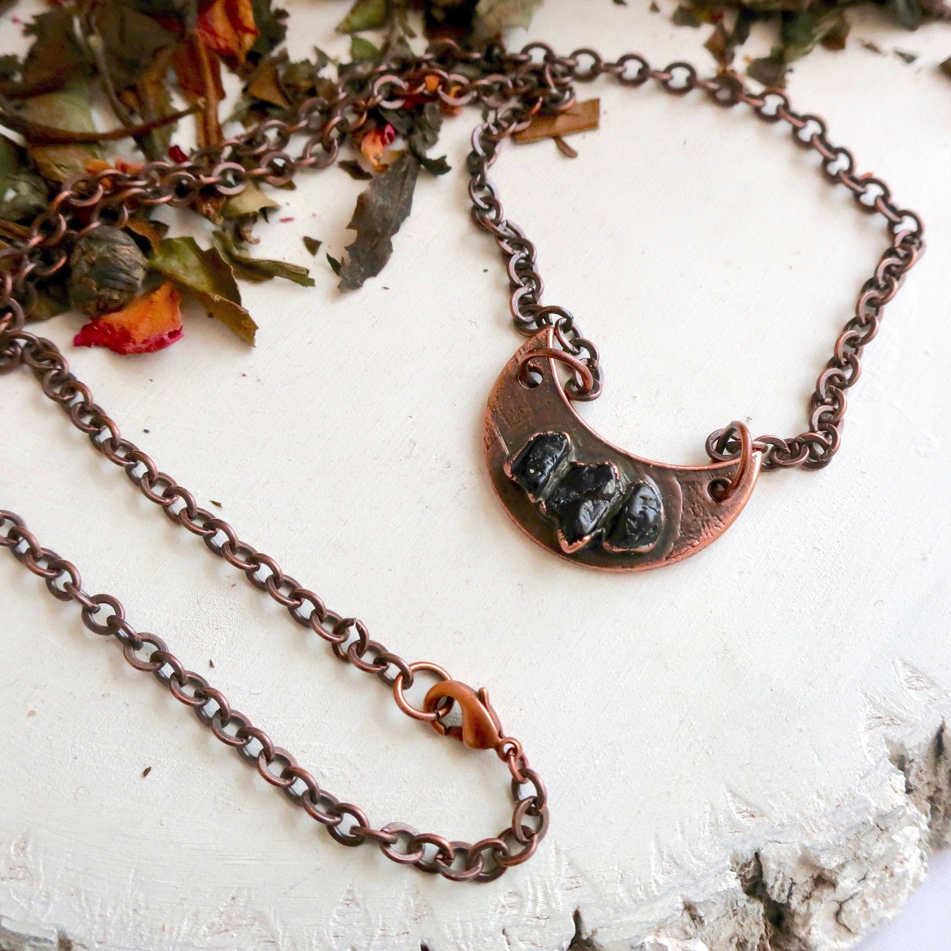 Black Tourmaline Crescent Moon Necklace, Black Tourmaline Copper Crystal Pendant, Electroformed Crystal Jewelry, Valentines Gift Blackbird & Sage Jewelry