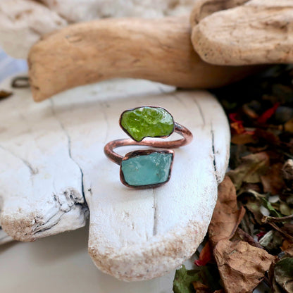 Raw Peridot and Raw Aquamarine Twist Copper Ring Electroformed Peridot Ring Aquamarine Ring Raw Stone Jewelry Birthstone Ring