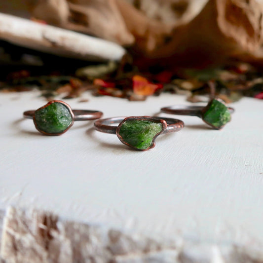 Raw Chrome Diopside Ring, Green Diopside Jewelry, Electroformed Chrome Diopside and Ring, Raw Spiritual Ring, Bohemian Jewelry Blackbird & Sage Jewelry