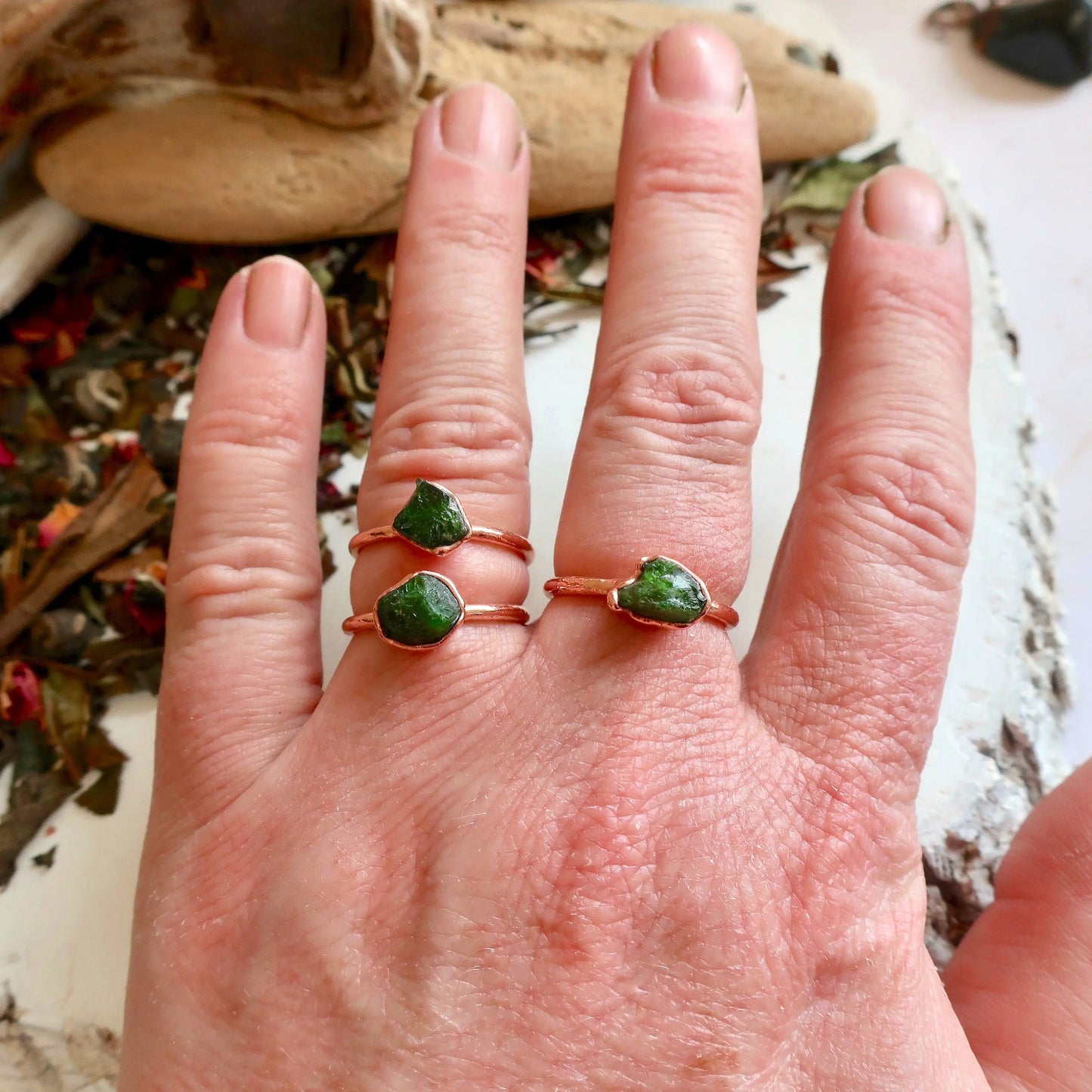 Raw Chrome Diopside Ring, Green Diopside Jewelry, Electroformed Chrome Diopside and Ring, Raw Spiritual Ring, Bohemian Jewelry Blackbird & Sage Jewelry