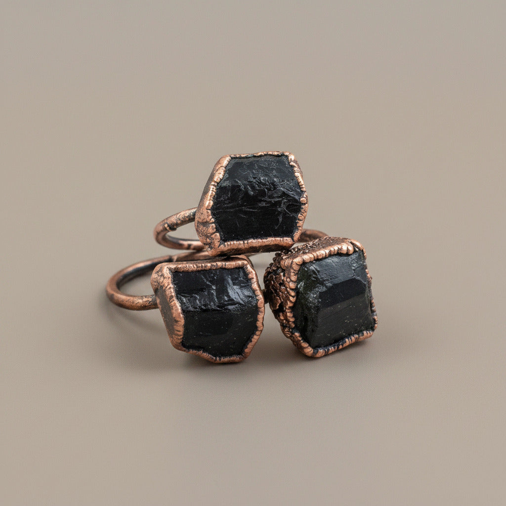 Raw Black Tourmaline Statement Ring, Rough Black Tourmaline, Large Black Tourmaline Ring, Electroformed Black Tourmaline Copper