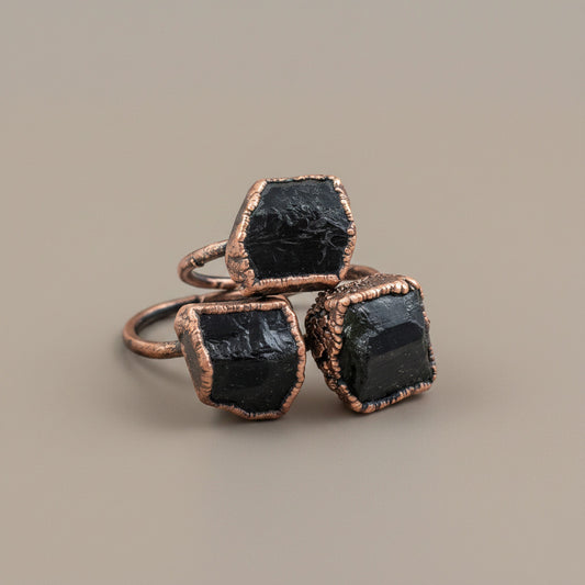 Raw Black Tourmaline Statement Ring, Rough Black Tourmaline, Large Black Tourmaline Ring, Electroformed Black Tourmaline Copper