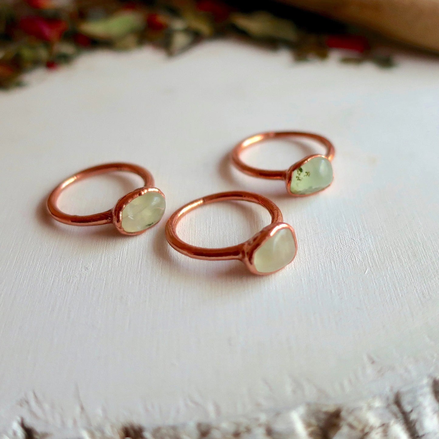 Tumbled Prehnite Copper Ring, Prehnite Jewelry, Green Stone Solitaire Ring, Electroformed Bohemian Jewelry, Valentines Gift Blackbird & Sage Jewelry