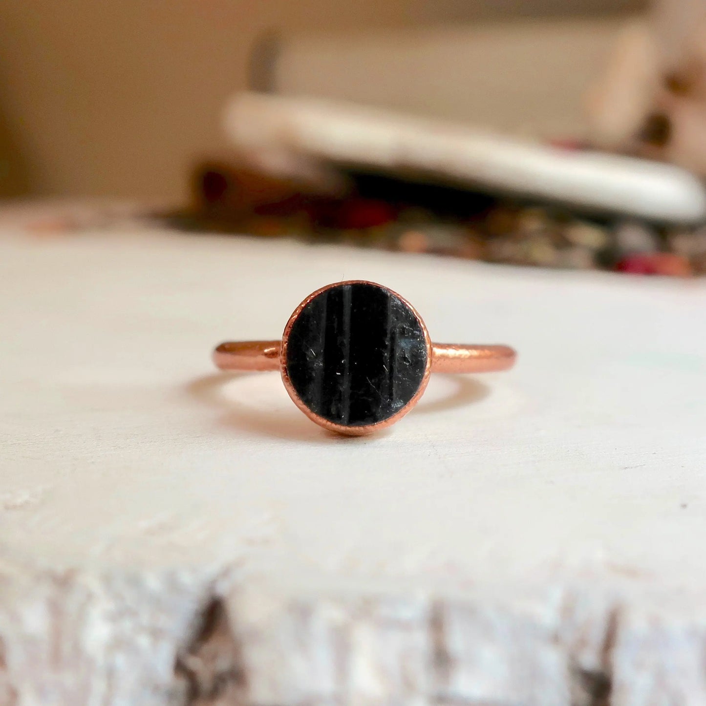 Raw Black Tourmaline Ring, Rough Black Tourmaline Band, Black Tourmaline and Copper Jewelry Black Boho Ring, Bohemian Jewelry for Her Blackbird & Sage Jewelry