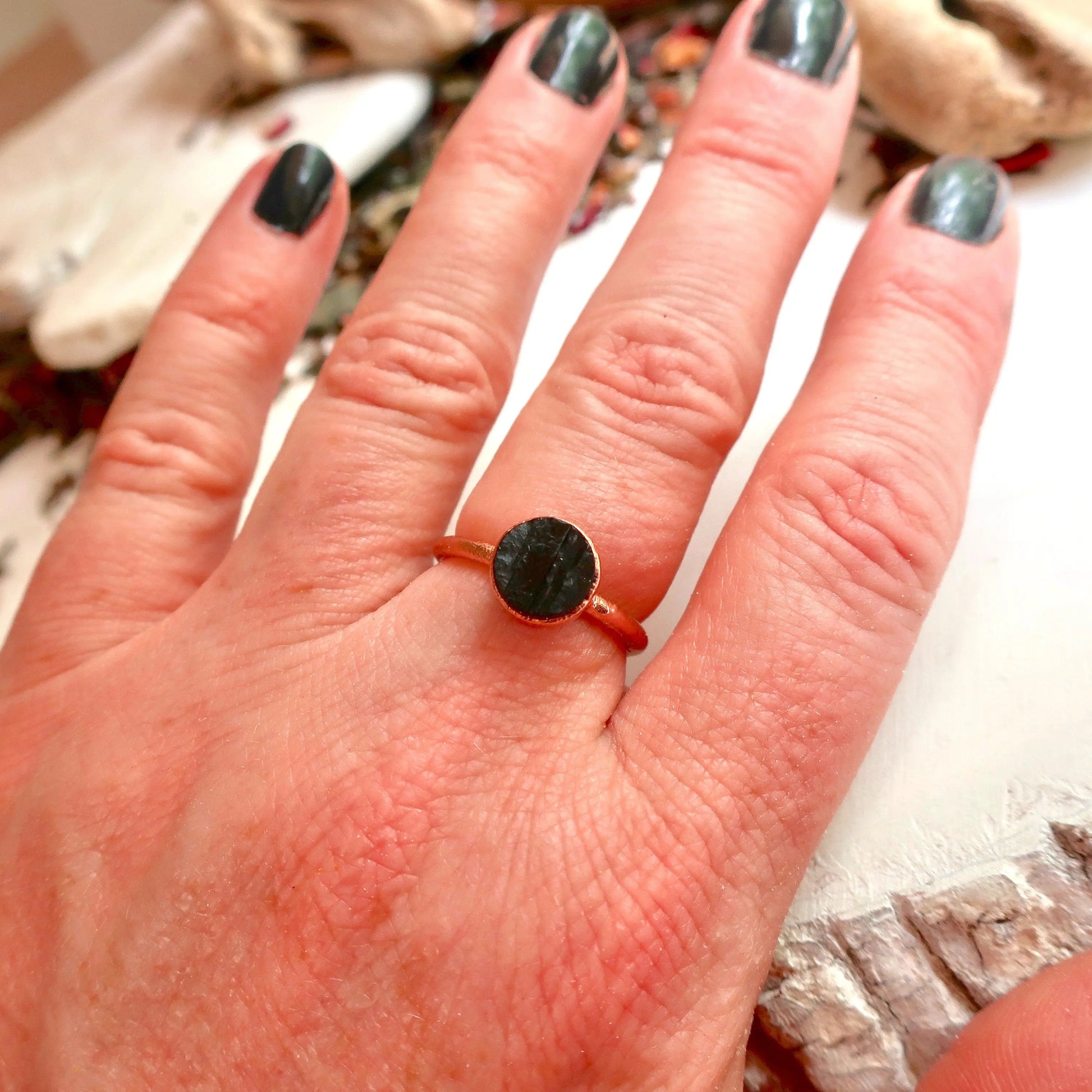 Raw Black Tourmaline Ring, Rough Black Tourmaline Band, Black Tourmaline and Copper Jewelry Black Boho Ring, Bohemian Jewelry for Her Blackbird & Sage Jewelry