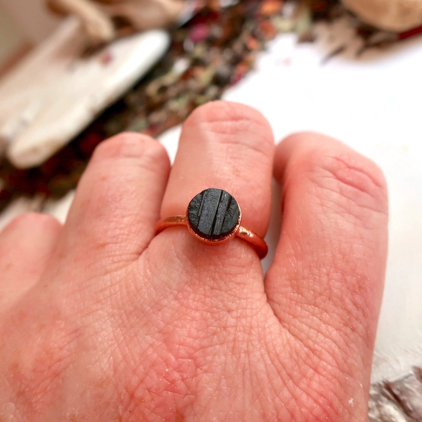 Raw Black Tourmaline Ring, Rough Black Tourmaline Band, Black Tourmaline and Copper Jewelry Black Boho Ring, Bohemian Jewelry for Her Blackbird & Sage Jewelry