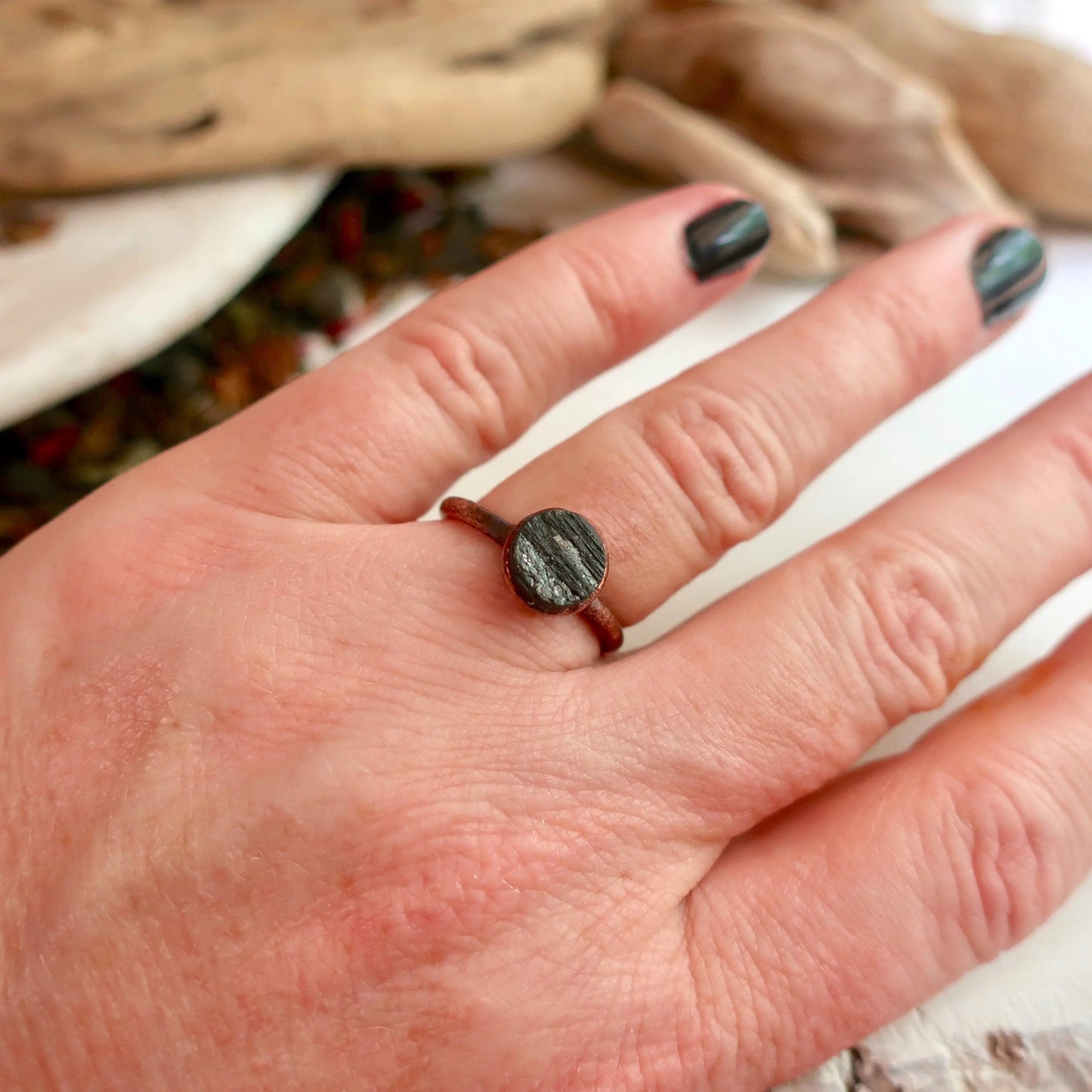 Raw Black Tourmaline Ring, Rough Black Tourmaline Band, Black Tourmaline and Copper Jewelry Black Boho Ring, Bohemian Jewelry for Her Blackbird & Sage Jewelry