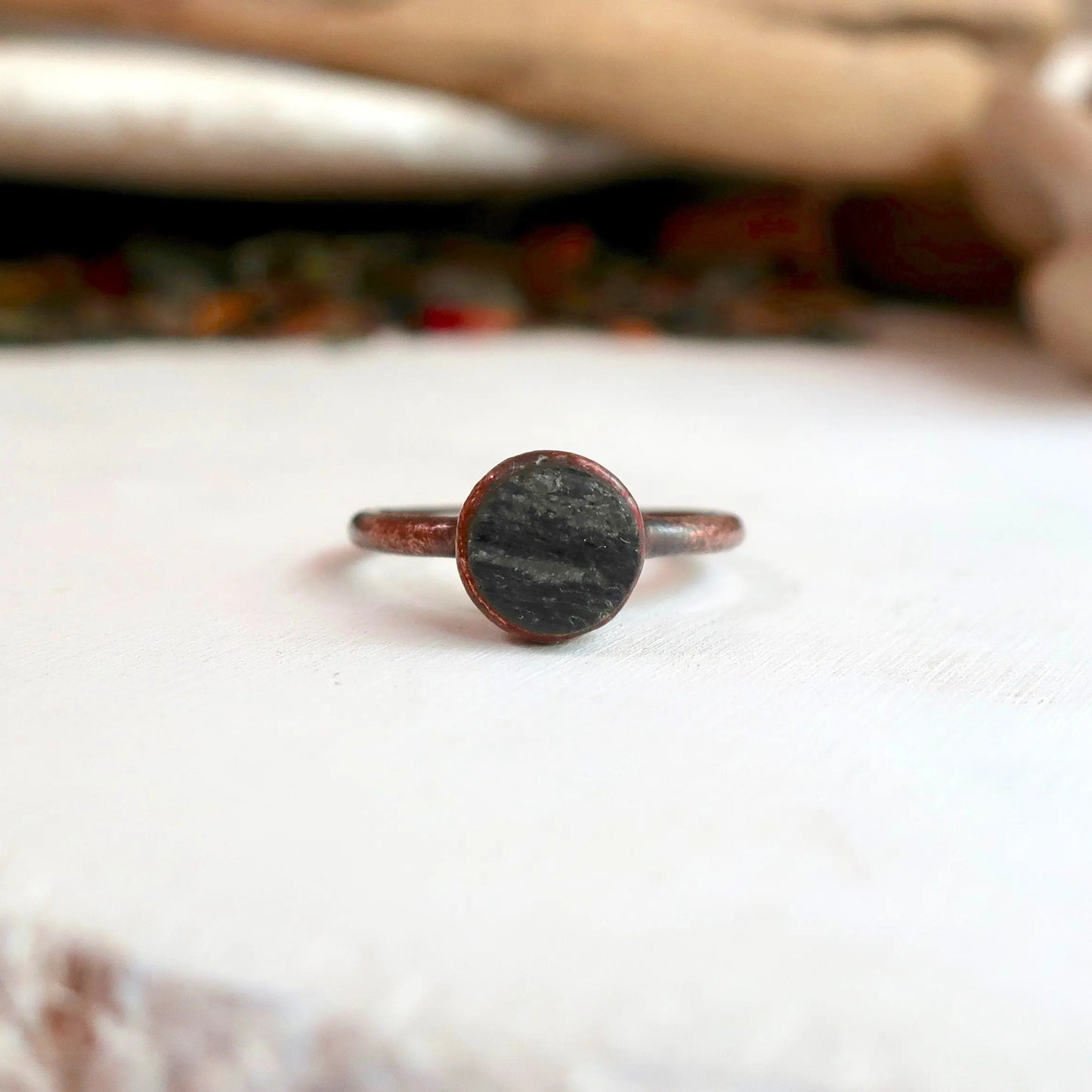 Raw Black Tourmaline Ring, Rough Black Tourmaline Band, Black Tourmaline and Copper Jewelry Black Boho Ring, Bohemian Jewelry for Her Blackbird & Sage Jewelry
