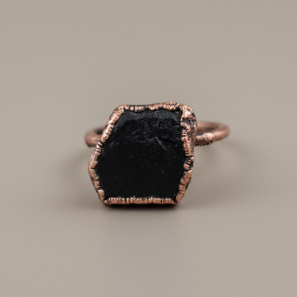 Raw Black Tourmaline Statement Ring, Rough Black Tourmaline, Large Black Tourmaline Ring, Electroformed Black Tourmaline Copper