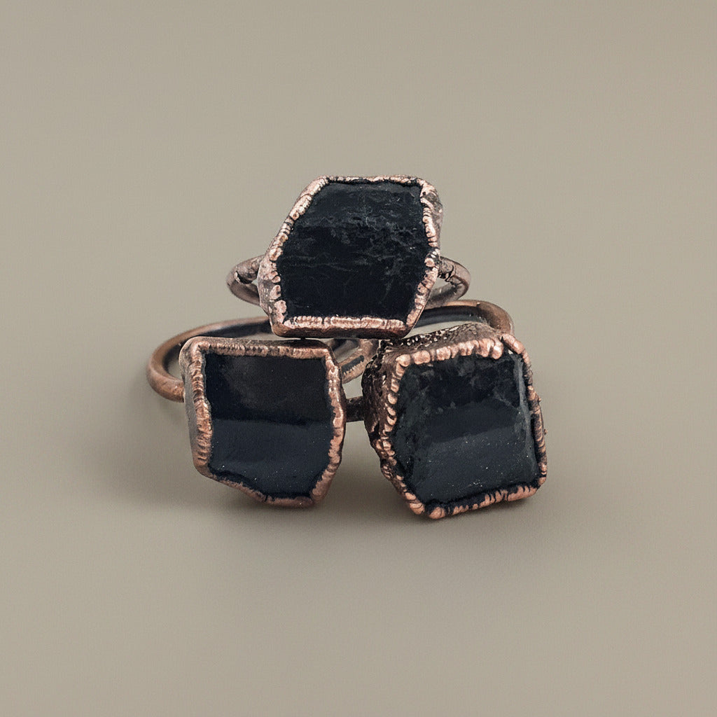 Raw Black Tourmaline Statement Ring, Rough Black Tourmaline, Large Black Tourmaline Ring, Electroformed Black Tourmaline Copper