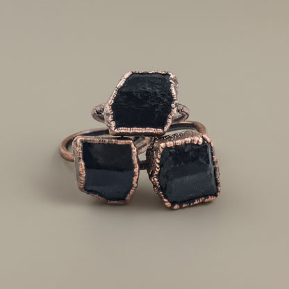 Raw Black Tourmaline Statement Ring, Rough Black Tourmaline, Large Black Tourmaline Ring, Electroformed Black Tourmaline Copper