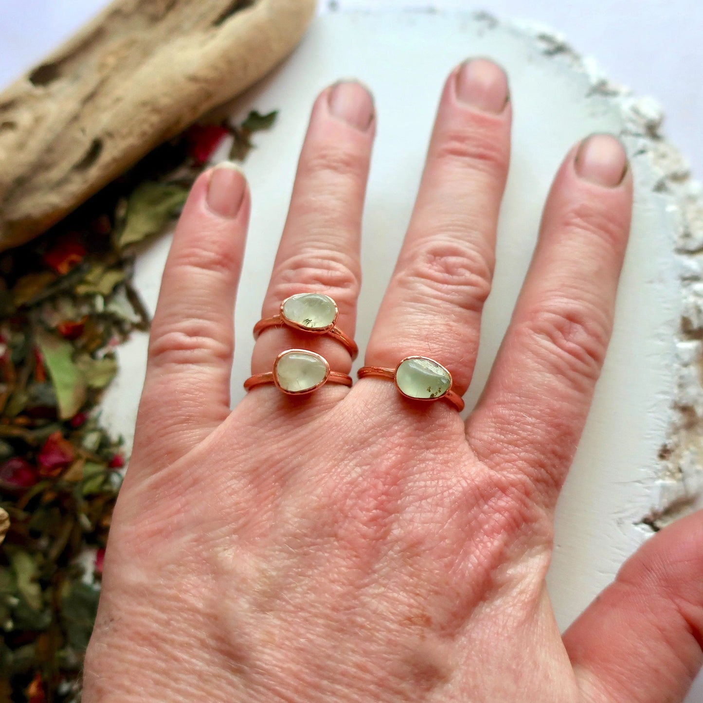 Tumbled Prehnite Copper Ring, Prehnite Jewelry, Green Stone Solitaire Ring, Electroformed Bohemian Jewelry, Valentines Gift Blackbird & Sage Jewelry