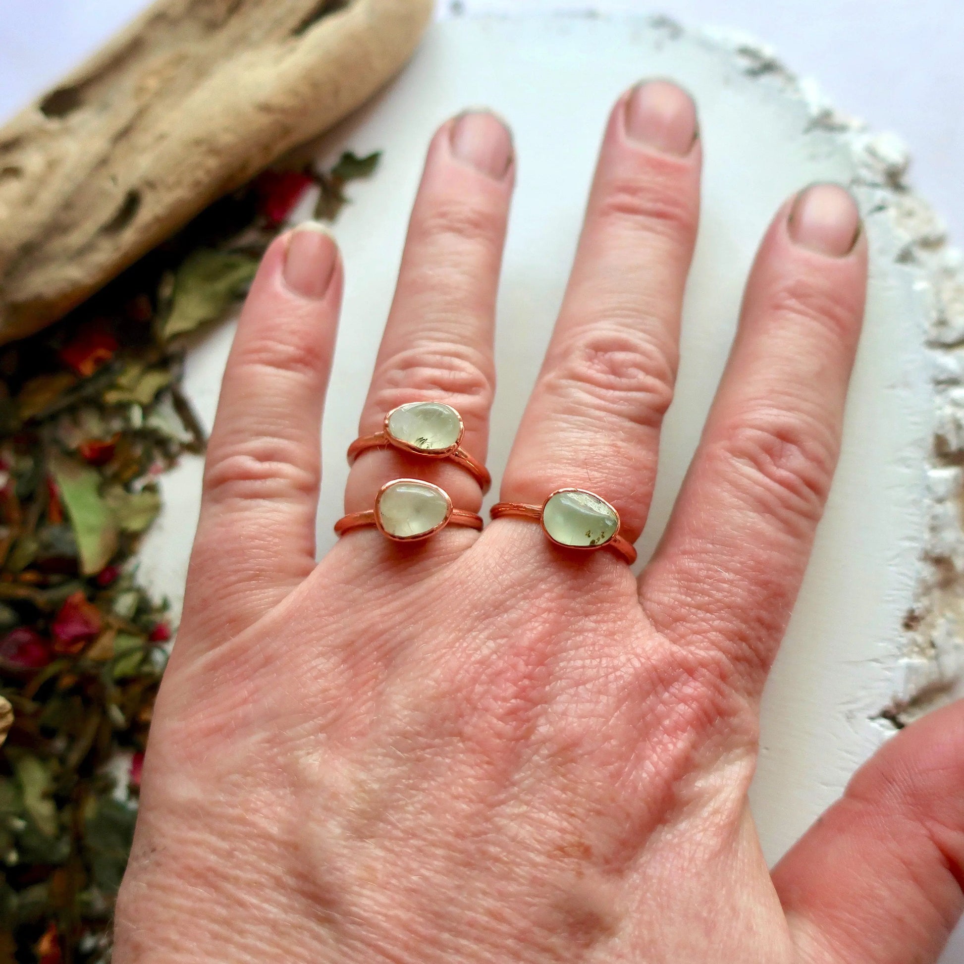 Tumbled Prehnite Copper Ring, Prehnite Jewelry, Green Stone Solitaire Ring, Electroformed Bohemian Jewelry, Valentines Gift Blackbird & Sage Jewelry