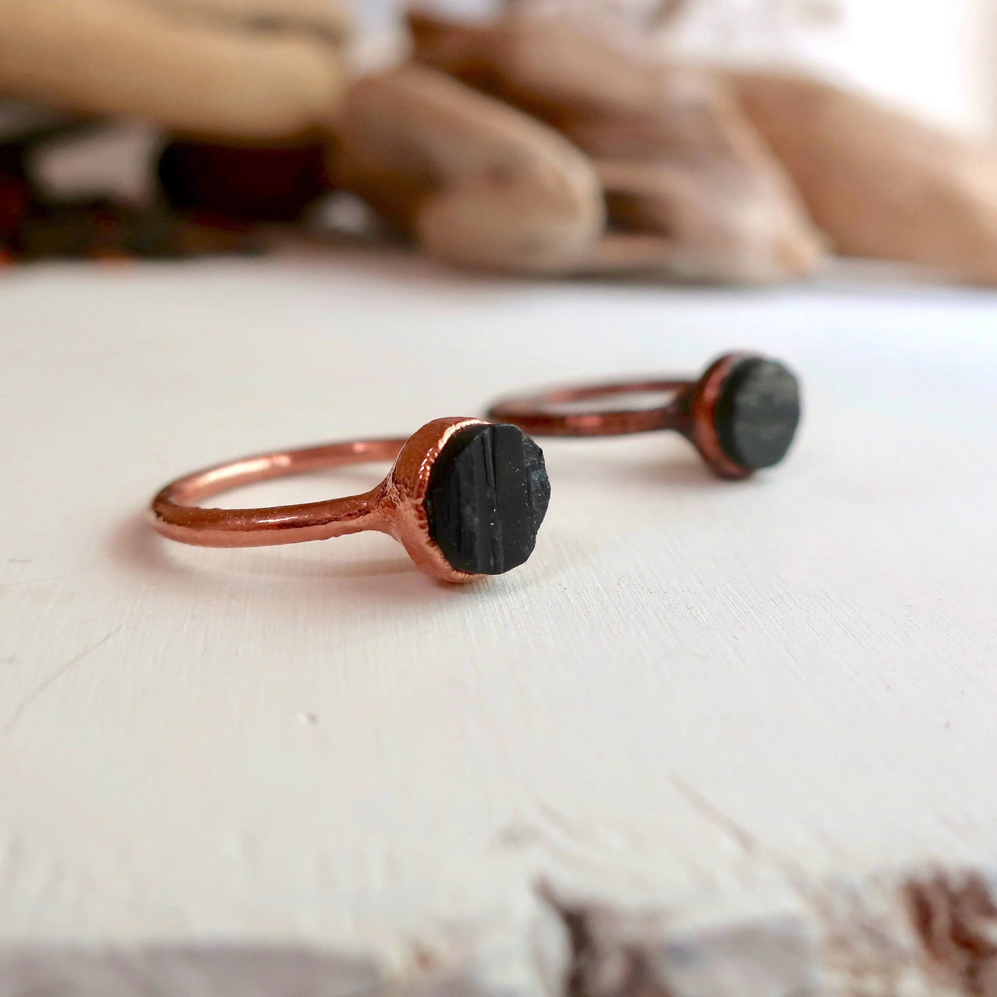 Raw Black Tourmaline Ring, Rough Black Tourmaline Band, Black Tourmaline and Copper Jewelry Black Boho Ring, Bohemian Jewelry for Her Blackbird & Sage Jewelry