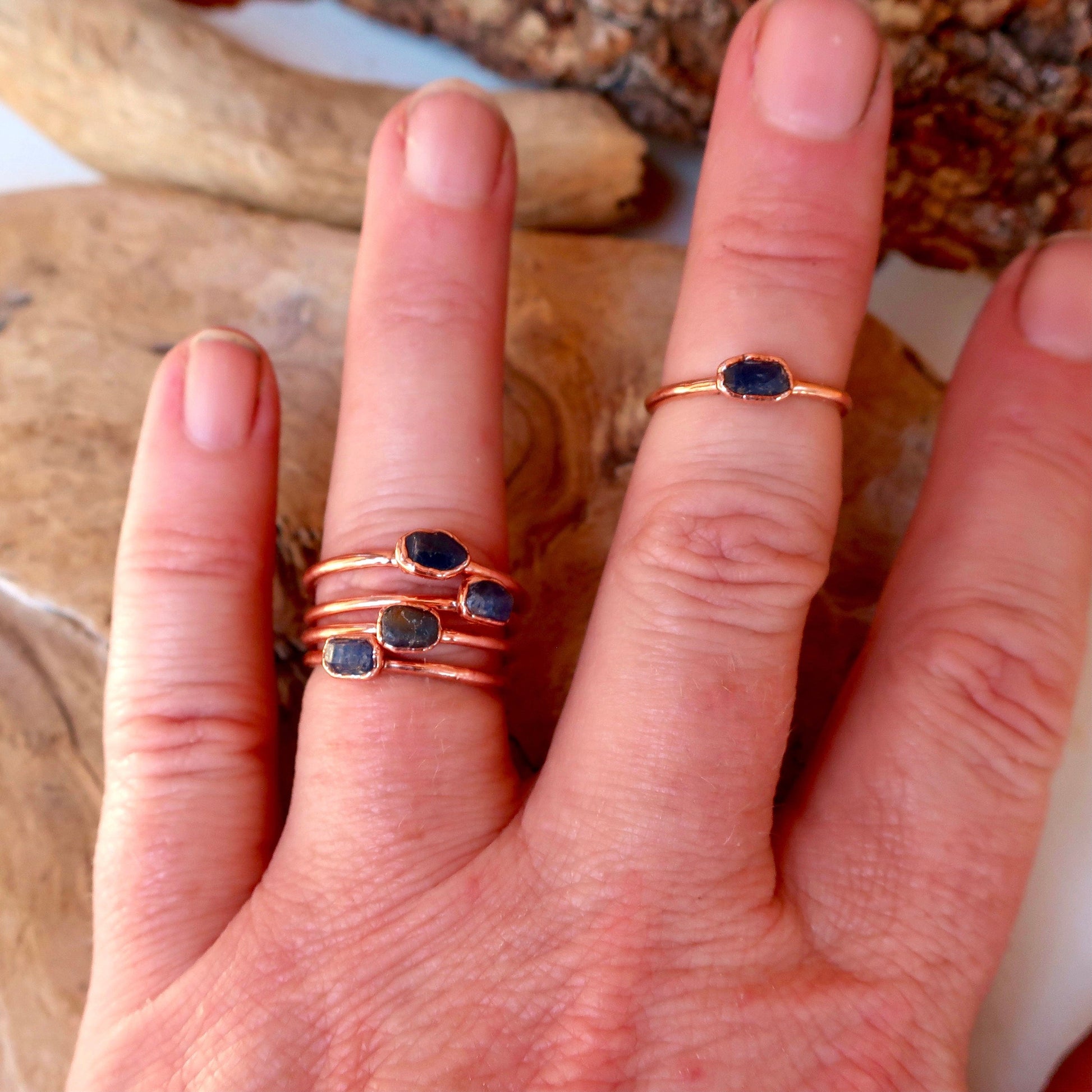 Dainty Raw Sapphire Stacking Ring, Electroformed Copper Jewelry, September Birthstone, Bohemian Crystal Band, Handmade Gypsy Style, Boho Blackbird & Sage Jewelry