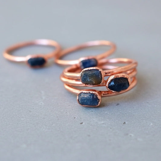 Dainty Raw Sapphire Stacking Ring, Electroformed Copper Jewelry, September Birthstone, Bohemian Crystal Band, Handmade Gypsy Style, Boho Blackbird & Sage Jewelry