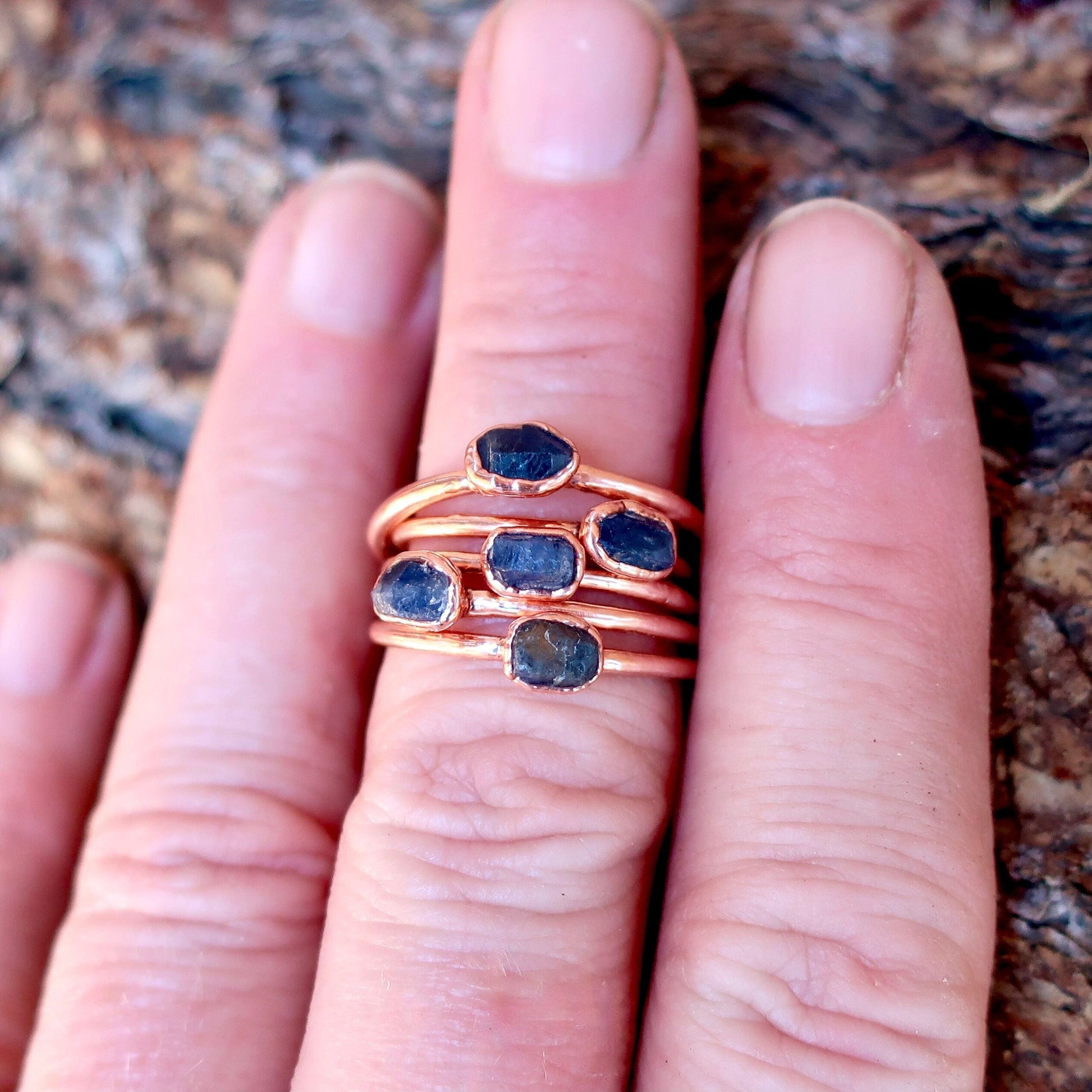 Dainty Raw Sapphire Stacking Ring, Electroformed Copper Jewelry, September Birthstone, Bohemian Crystal Band, Handmade Gypsy Style, Boho Blackbird & Sage Jewelry