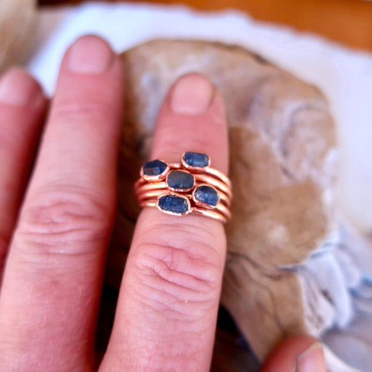 Dainty Raw Sapphire Stacking Ring, Electroformed Copper Jewelry, September Birthstone, Bohemian Crystal Band, Handmade Gypsy Style, Boho Blackbird & Sage Jewelry