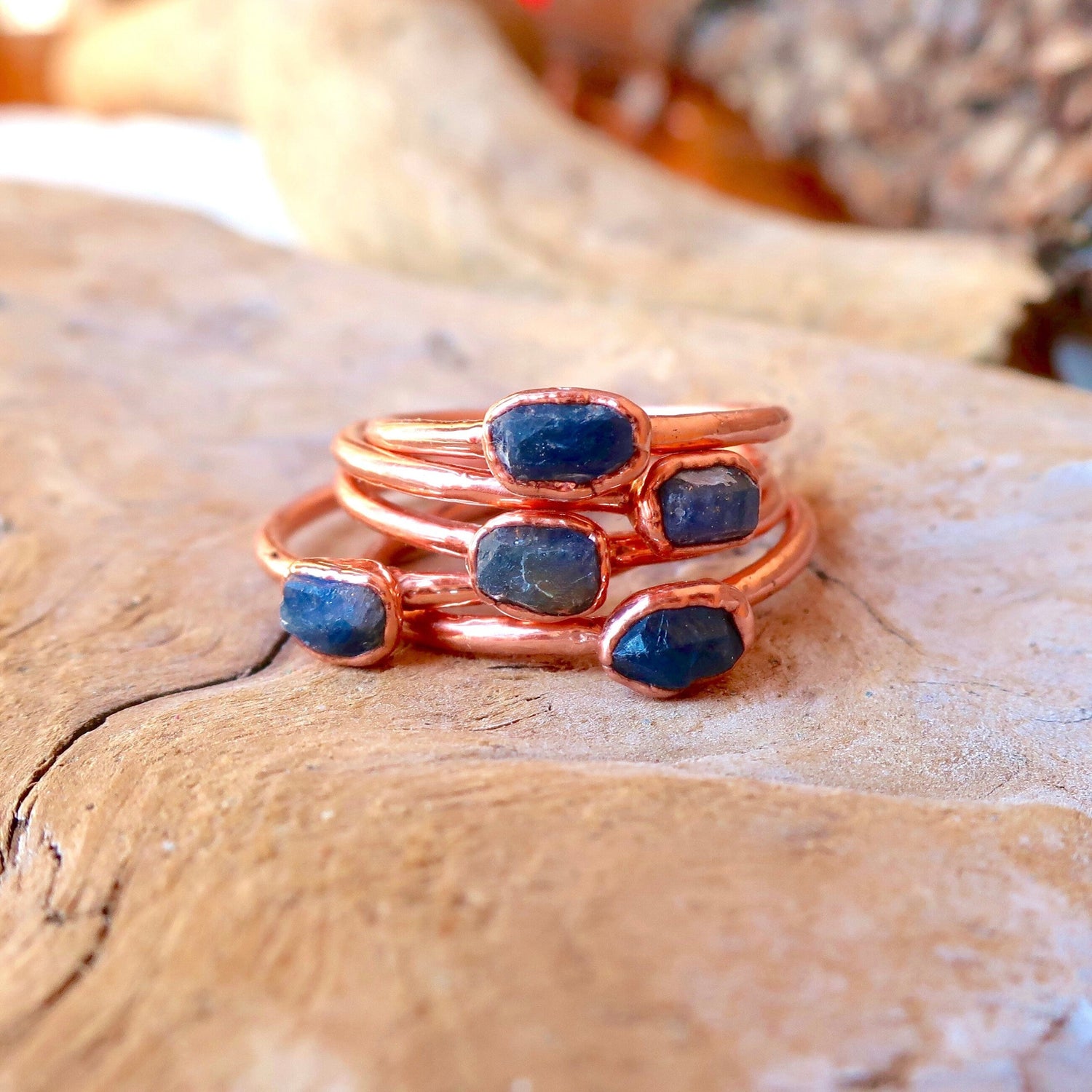 Dainty Raw Sapphire Stacking Ring, Electroformed Copper Jewelry, September Birthstone, Bohemian Crystal Band, Handmade Gypsy Style, Boho Blackbird & Sage Jewelry