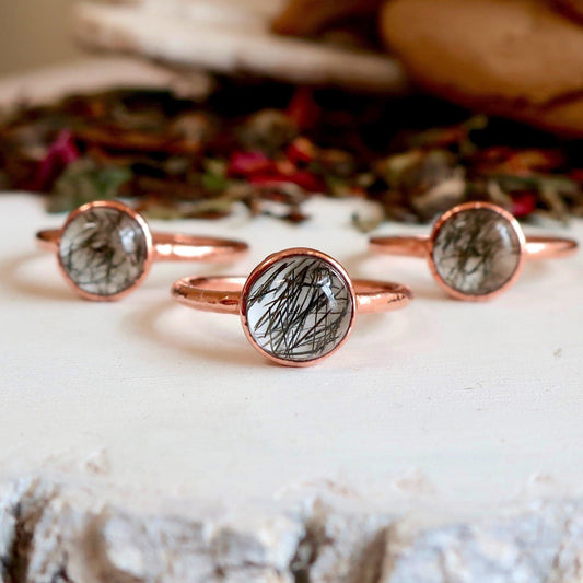Round Black Rutilated Quartz Copper Ring, Quartz Solitaire Ring, Boho Jewelry, Crystal Adornments  Bohemian Style Ring, Metaphysical Jewelry Blackbird & Sage Jewelry