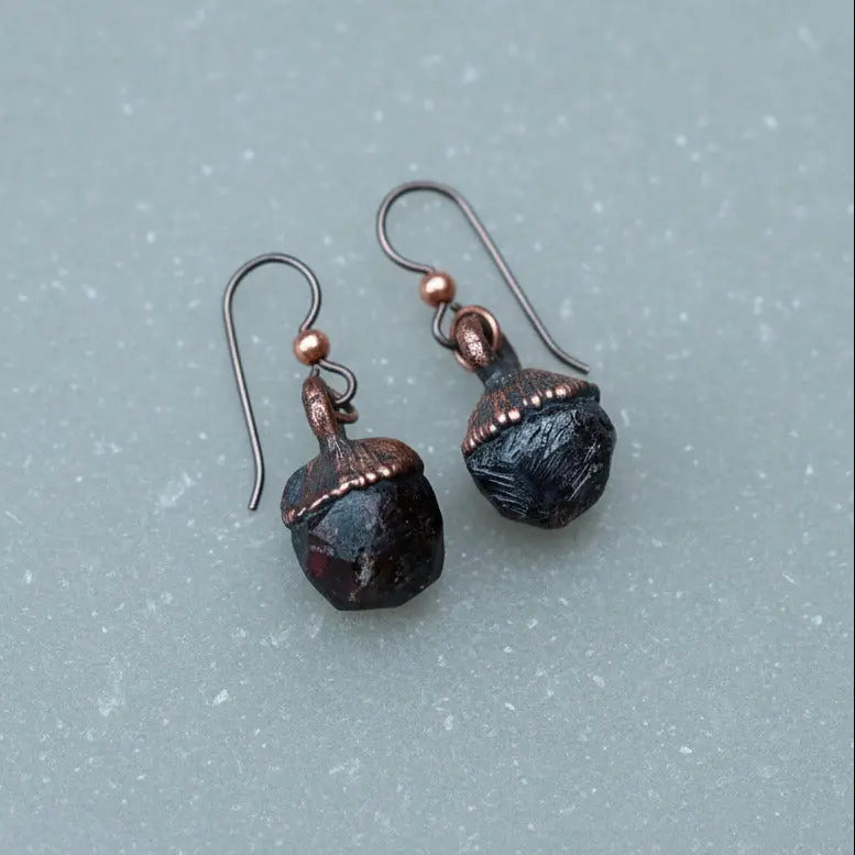 Raw Garnet Copper Earrings | Dodecahedral Spessartine Garnet | Dangle Earrings | Boho Drop Earrings | Electroformed Copper | Stone Earrings