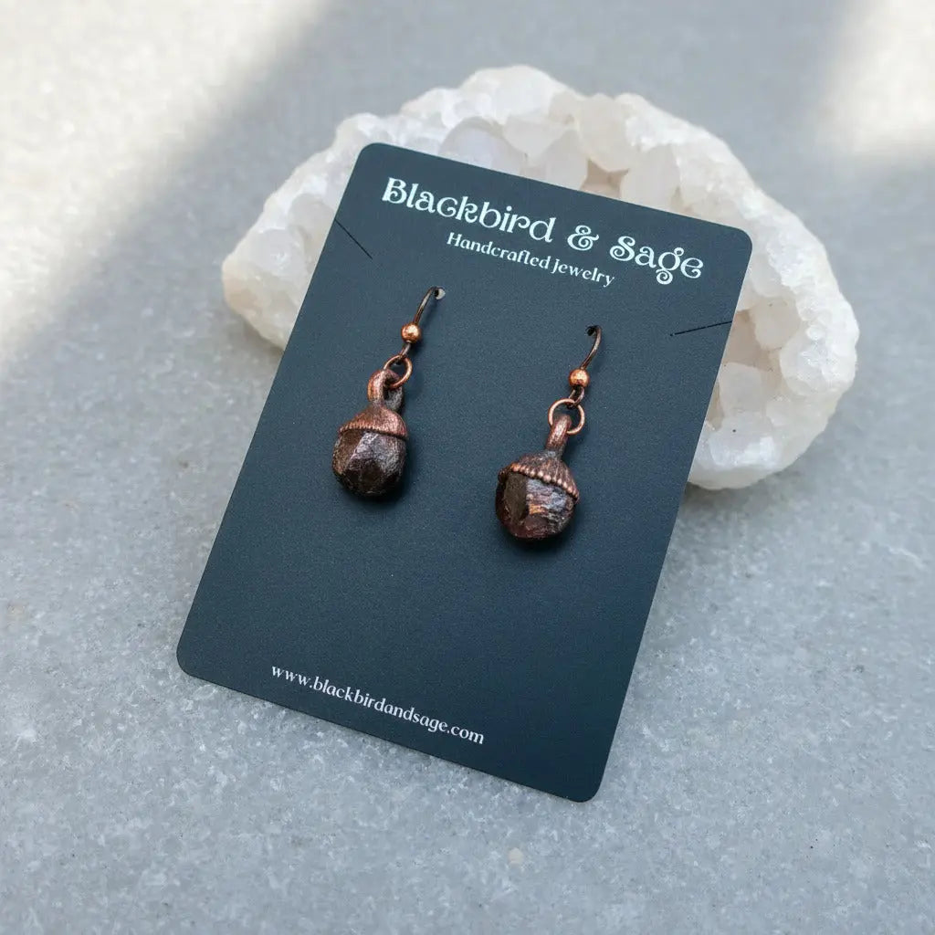 Raw Garnet Copper Earrings | Dodecahedral Spessartine Garnet | Dangle Earrings | Boho Drop Earrings | Electroformed Copper | Stone Earrings