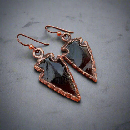Obsidian Arrowhead Earrings in Electroformed Copper | Rustic Crystal Jewelry | Witchy Boho Style Earrings | Unique Boho Chic Gift Blackbird & Sage Jewelry
