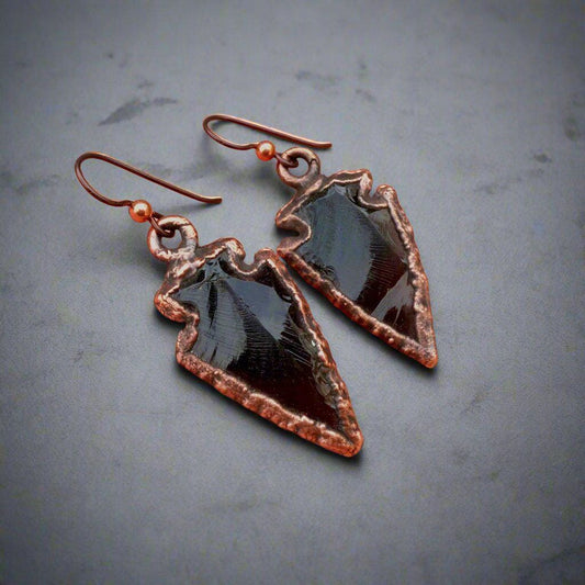 Obsidian Arrowhead Earrings in Electroformed Copper | Rustic Crystal Jewelry | Witchy Boho Style Earrings | Unique Boho Chic Gift Blackbird & Sage Jewelry