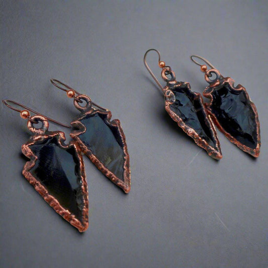Obsidian Arrowhead Earrings in Electroformed Copper | Rustic Crystal Jewelry | Witchy Boho Style Earrings | Unique Boho Chic Gift Blackbird & Sage Jewelry