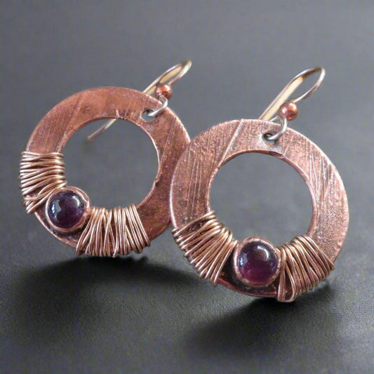 Purple Amethyst Drop Earrings In Electroformed Copper Wrapped with Bronze Wire, Electroformed Crystal Earrings, Talisman Copper Jewelry Blackbird & Sage Jewelry