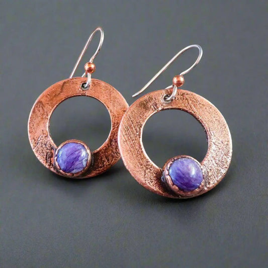 Purple Chariote Small Hoop Drop Earrings in Copper | Electroformed Crystal Earrings, Talisman Copper Jewelry, Electroformed Jewelry Blackbird & Sage Jewelry