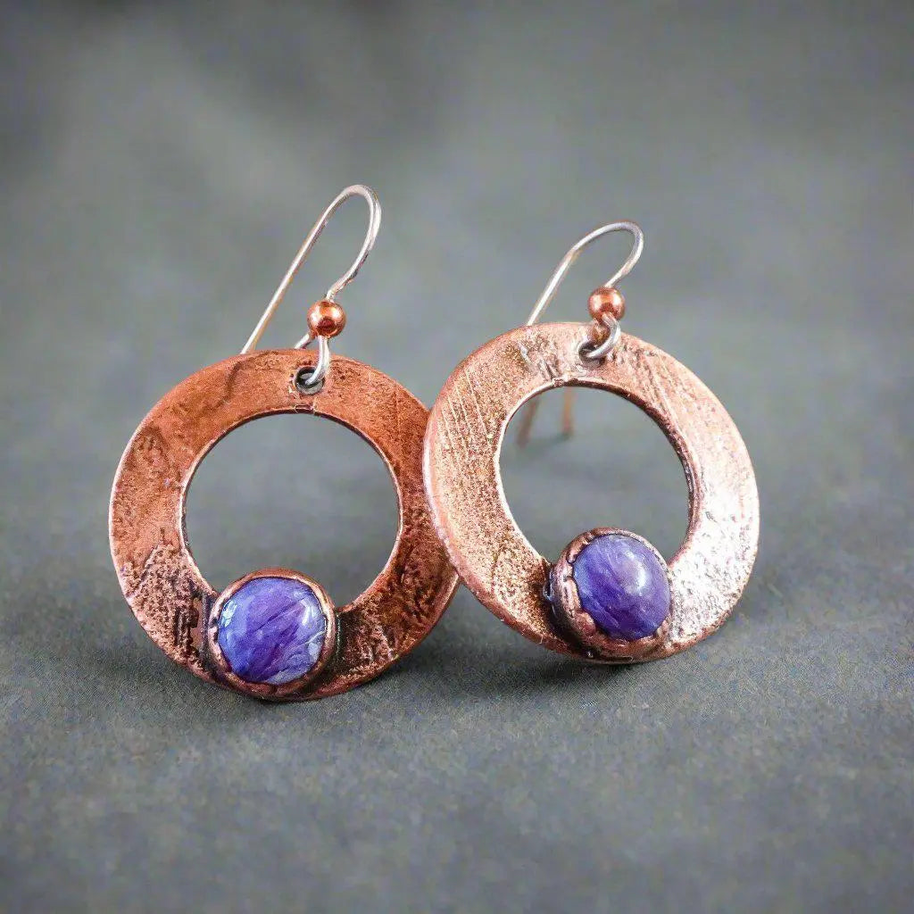 Purple Chariote Small Hoop Drop Earrings in Copper | Electroformed Crystal Earrings, Talisman Copper Jewelry, Electroformed Jewelry Blackbird & Sage Jewelry