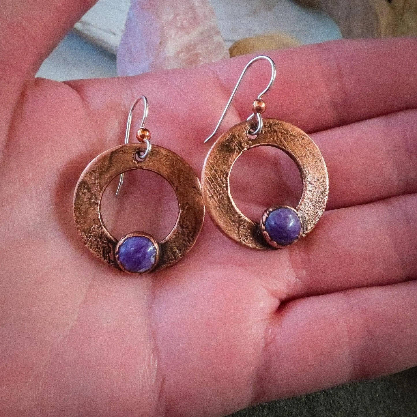 Purple Chariote Small Hoop Drop Earrings in Copper | Electroformed Crystal Earrings, Talisman Copper Jewelry, Electroformed Jewelry Blackbird & Sage Jewelry
