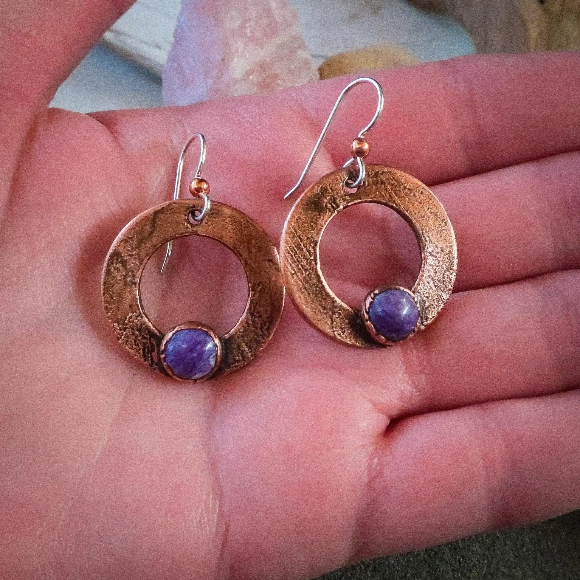 Purple Chariote Small Hoop Drop Earrings in Copper | Electroformed Crystal Earrings, Talisman Copper Jewelry, Electroformed Jewelry Blackbird & Sage Jewelry