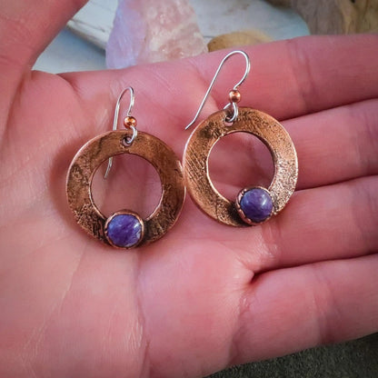 Purple Chariote Small Hoop Drop Earrings in Copper | Electroformed Crystal Earrings, Talisman Copper Jewelry, Electroformed Jewelry Blackbird & Sage Jewelry